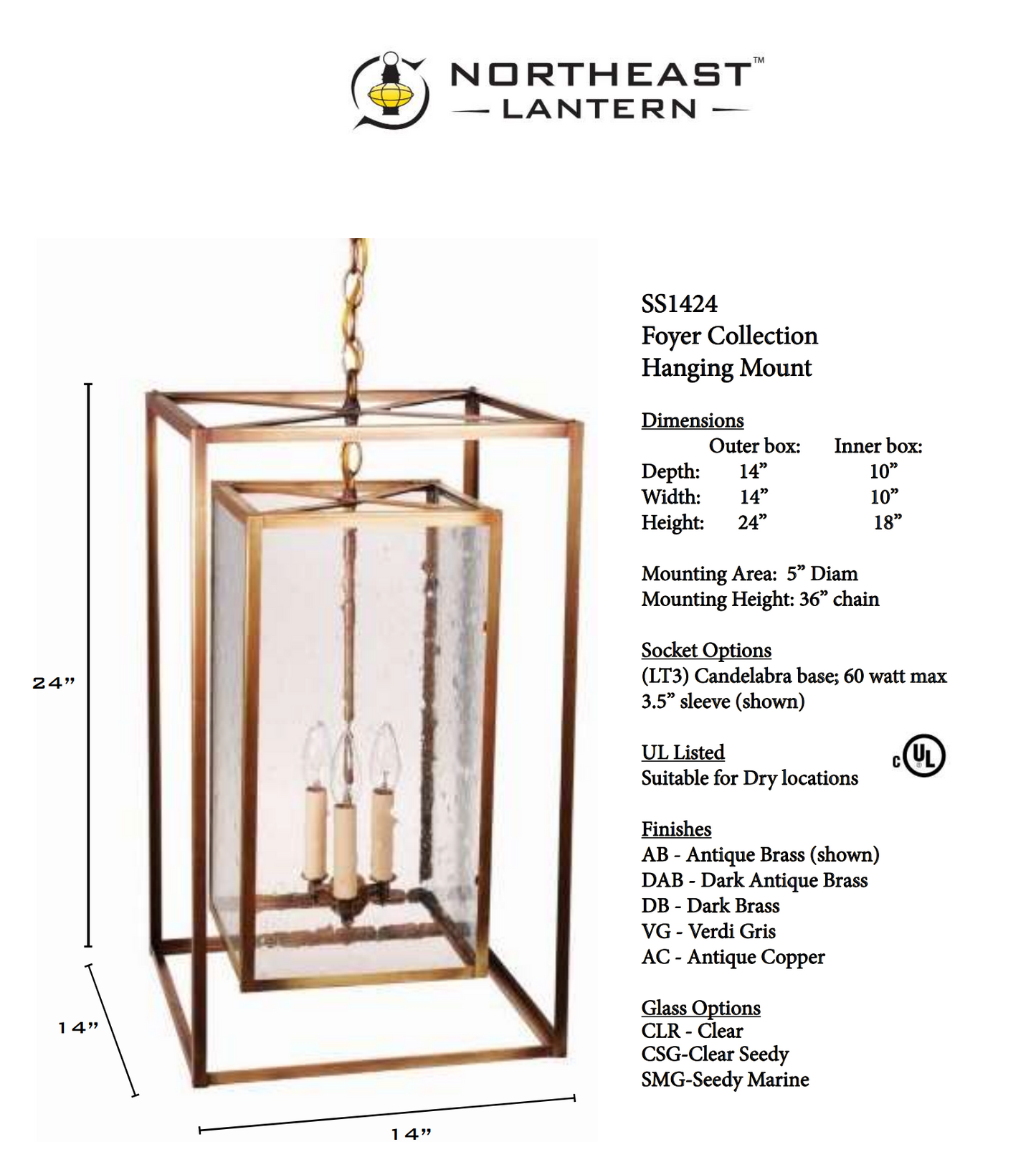 Transitional Hanging Square Inside Square Indoor Hanging Lantern SS1424