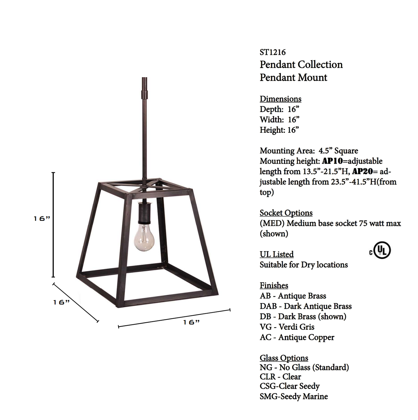 Transitional Square Trapezoid Hanging Indoor Lantern ST1216