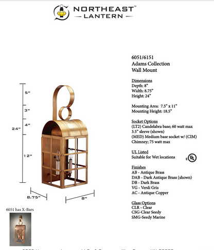 Adams Culvert Top H Bars Outdoor Wall Lantern 6151