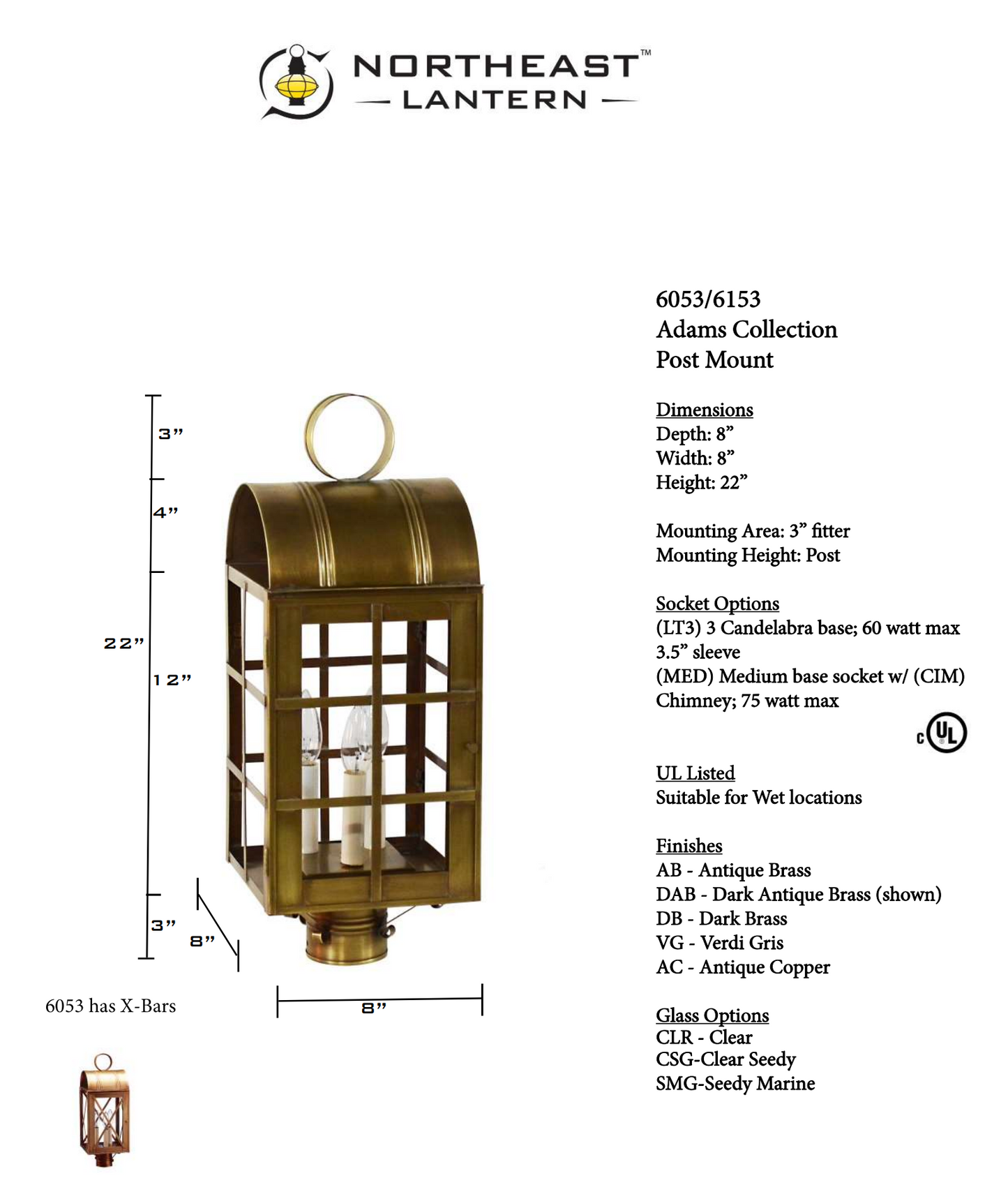 Adams Culvert Top X Bars Outdoor Post Lantern 6053