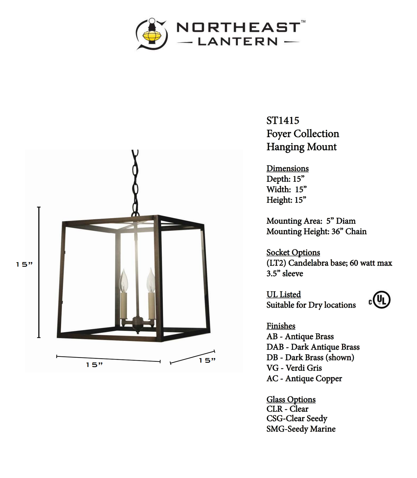 Transitional Square Trapezoid Hanging Indoor Lantern ST1415